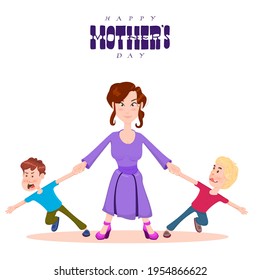 Happy mother's day, mom holds the hands of children cartoon characters, flat style.