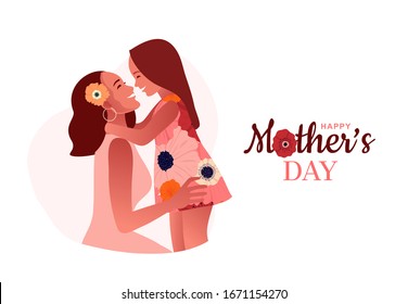 Happy mother's day. Mom hugs her daughter. Mother holds child. 