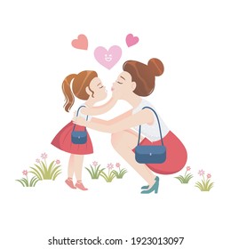 Happy mother's day. Mom hugs her daughter. Mother holds child.
 Mother and child. European Mom hugging her daughter with a lot of love and tenderness  vector 