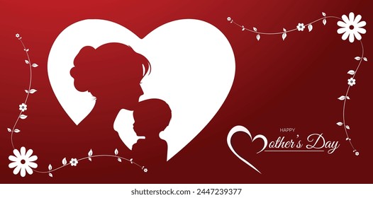 happy mother's day mom with kid in heart with floral border vector poster