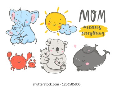 Happy mothers day! Mom means everything. Cute various cartoon mothers with their kids. Hand drawn colored vector set. All elements are isolated