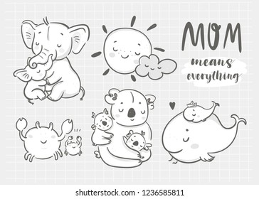 Happy mothers day! Mom means everything. Cute various cartoon mothers with their kids. Hand drawn vector set. All elements are isolated