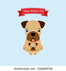 Happy mother's day. Mommy dog and her baby in cartoon style greeting card. 