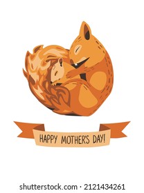 Happy Mothers day. Mommy squirrel and baby squirrel sleep in an embrace. Vector card