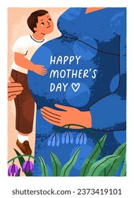 Happy Mothers day, moms holiday, greeting card design with woman pregnancy. Kid and pregnant belly. Mommy expecting baby. Delicate postcard with son and mum love, care. Flat vector illustration