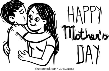 Happy Mothers Day, Month Of May. Illustation In Woodcut Style. Thin Letters