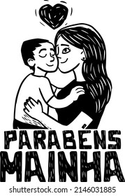 Happy Mothers day, month of may. Illustation in woodcut style. congratulations, Mom (Parabéns, Mainha)