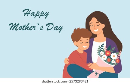 Happy mothers day. Mother with a bouquet of flowers and son. 