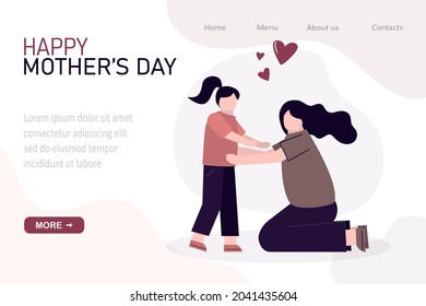 Happy mother's day. Mother caring and loving daughter. Woman hugging girl kid. Lady care and hug child. Concept of parenthood and motherhood. Template, landing page for website. Vector illustration