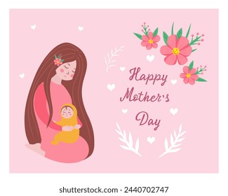 Happy mothers day, mother with child, handwritten lettering. Vector Illustration for printing, background and packaging. Image can be used for card, posters and sticker. Isolated on white background.