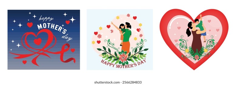 Happy happy mother's day. Mother and Child with Floral Elements. The boy. Mom lifting her son.  Set flat vector modern illustration 