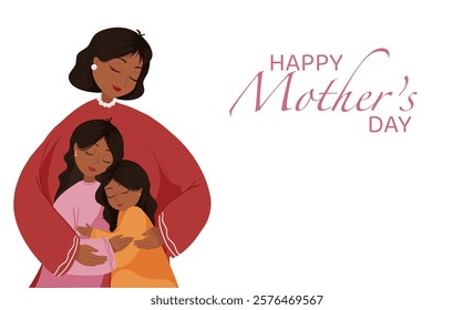 Happy Mother's Day. Mother and daughters hugging, vector cute illustration for greeting card, poster or background. Horizontal banner on white background