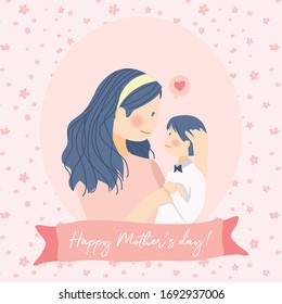 Happy Mothers Day, Mother embrace hug Son full of love with banner and pink peach flower Background