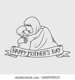 Happy Mother's Day A mother embracing her son. Thin line illustration.