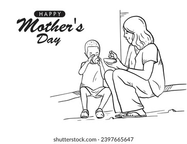 Feliz Día de la Madre, la madre alimenta a su hijo. Diseño de invitaciones, diseño de tarjetas de felicitación, banner, musulmán, islámico, piadoso