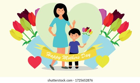 happy mothers day with mother and son vector mother with bay flowers flat illustration