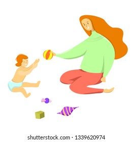 Happy Mother's Day. Happy motherhood concept. Mom with a baby, child, toddler plays on a floor with toys. Vector illustration of mothers and her child. Happy mom and her baby.