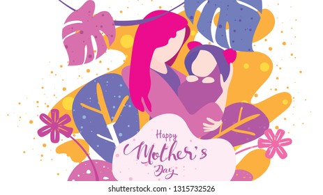 Happy mother's day! Mum laughing, smiling, holding and hugging her baby with happy. Beautiful woman and child. Vector illustration flat design style. Flat cartoon style - vector