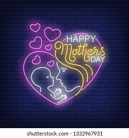 Happy Mothers Day Neon Text With Mommy And Child In Heart Logo. Happy Mothers Day Design. Night Bright Neon Sign, Colorful Billboard, Light Banner. Vector Illustration In Neon Style.