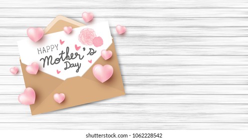 Happy mother's day on white paper in brown envelope and pink heart on wood texture background with copy space vector illustration