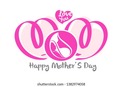 Happy Mother's Day On White Background. In the circle, the mother looks at the baby with love. Vector Illustration.
