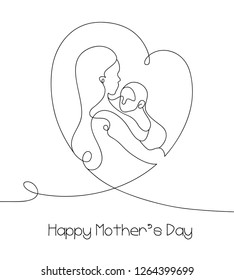 Happy mother's day one continuous line art illustration. Mom holding baby in a heart frame drawing vector.