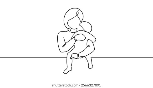 Happy Mother`s Day One Line Illustration. Continuous Single Line Drawing of Mother Holds Little Child. Happy Family Hand Drawn Contour Silhouette Outline Style. Vector. Not AI