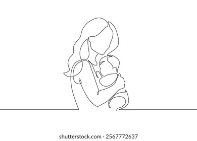 Happy Mother`s Day One Line Illustration. Continuous Single Line Drawing of Mother Holds Little Child. Happy Family Hand Drawn Contour Silhouette Outline Style. Vector. Not AI