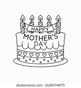 Happy Mother's Day with Outline Birthday Cake – Minimal Vector Illustration