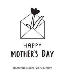 Happy Mother's day. Outline vector design. One flower inside envelope. Illustration on white background.