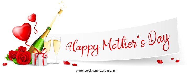 Happy Mothers Day Paper Banner With Red Roses, Gift And Champagne