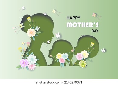 Happy Mother's Day in paper cut, paper art style,  Mother with  children, butterfly and flowers, Anniversary and celebration in Mother's Day, Vector illustration template design in green background.