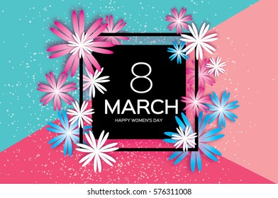 Happy Mother's Day. Paper cut Floral Greeting card. Origami flower holiday background. Square Frame, space for text. 8 March. Happy Women's Day.