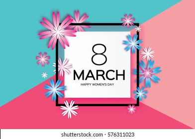 Happy Mother's Day. Paper cut Floral Greeting card. Origami flower holiday background. Square Frame, space for text. 8 March. Happy Women's Day.