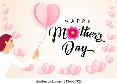 Happy Mothers Day with paper heart flying balloon. Vector banner with girl and flying pink paper hearts. Symbols of love on white background