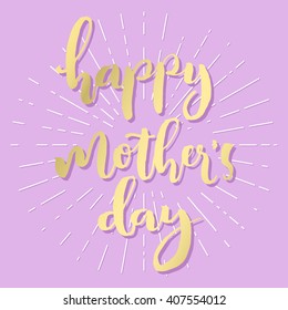 Happy mother's day pastel lettering card. Golden text on light violet background and white rays.