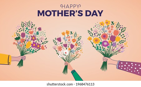 Happy Mother's Day. Perfect for prints, stickers, cards, posters, banners. Bouquet of flowers and floral decorative vector elements.