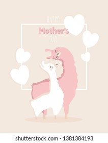 Happy mother's day picture with Llama family. Best mom, mum ever cute feminine design for menu, flyer, card, invitation, typography. Vector illustration.