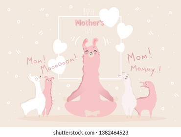 Happy mother's day picture with Llama family. Best mom, mum ever cute feminine design for flyer, card, invitation, typography. Vector illustration.