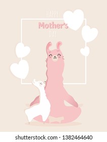 Happy mother's day picture with Llama family. Best mom, mum ever cute feminine design for flyer, card, invitation, typography. Vector illustration.