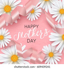 Happy mothers day pink background with chamomile flower, vector illustration