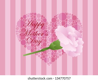 Happy Mothers Day Pink Carnation Flower with Green Stalk and Polka Dots Heart on Pink Stripes Background Vector Illustration