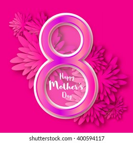 Happy Mother's Day. Pink Floral Greeting card. International Women's Day. Holiday background with paper cut Frame Flowers and title. Origami Trendy Design Template. Vector illustration.