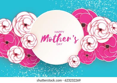 Happy Mother's Day. Pink Floral Greeting card. Paper cut Flower. Blue holiday background. Circle Frame. Space for text. Origami Beautiful Bouquet. Women's Day. Vector illustration