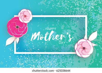 Happy Mother's Day. Pink Floral Greeting card. Paper cut Flower blue holiday background. Rectangle Frame. Space for text. Origami Beautiful Bouquet. Vector illustration