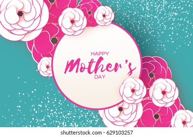 Happy Mother's Day. Pink Floral Greeting card. Paper cut Flower. Green holiday background. Circle Frame. Space for text. Women's Day. Origami Beautiful Bouquet. Vector illustration