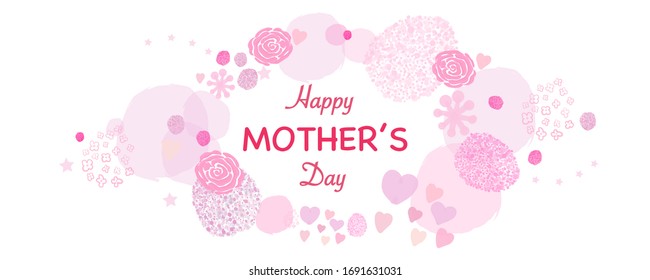 Happy Mother's Day pink hand drawn abstract roses, hearts, circle. Happy Mother's day greeting card, Valentine's Day, Birthday, Woman's Day... etc banner style template design background