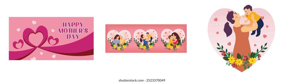 Happy Mother's Day with pink heart shaped ribbon. Mother, Daughter, and Son. Mother holding her son. Young mother playing with her baby. Set flat vector modern illustration 