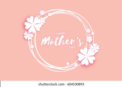 Happy Mothers Day. Pink Pastel Floral Greeting card. Women's Day with Paper cut flower. Floral holiday. Beautiful bouquet. Circle frame. Vector illustration.