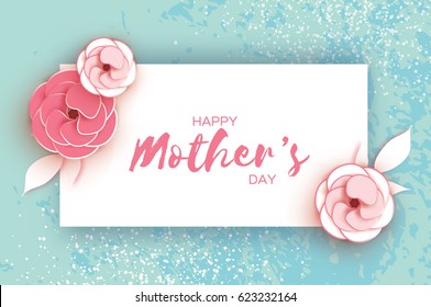 Happy Mother's Day. Pink Pastel Floral Greeting card. Paper cut Flower blue holiday background. Rectangle Frame. Space for text. Origami Beautiful Bouquet. Women's Day. Vector illustration